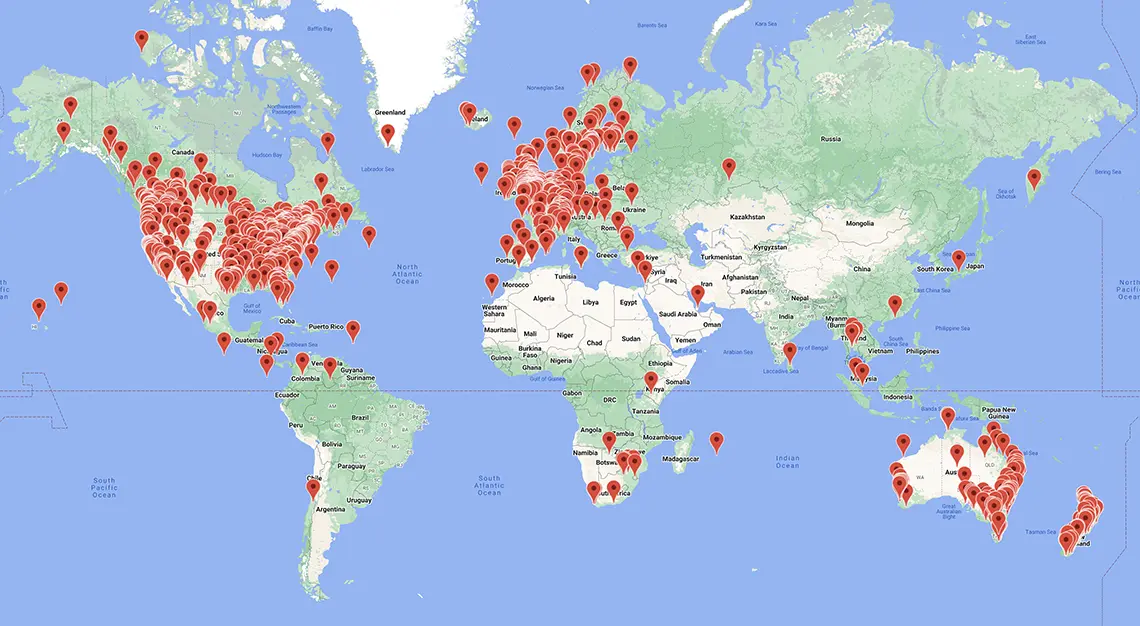 World map showing the locations of Dressage Rider Training program participants across 81 countries