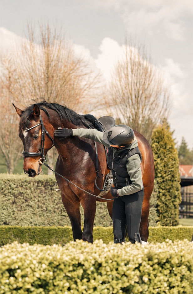 Nicola embracing her horse Tommy beside manicured hedges